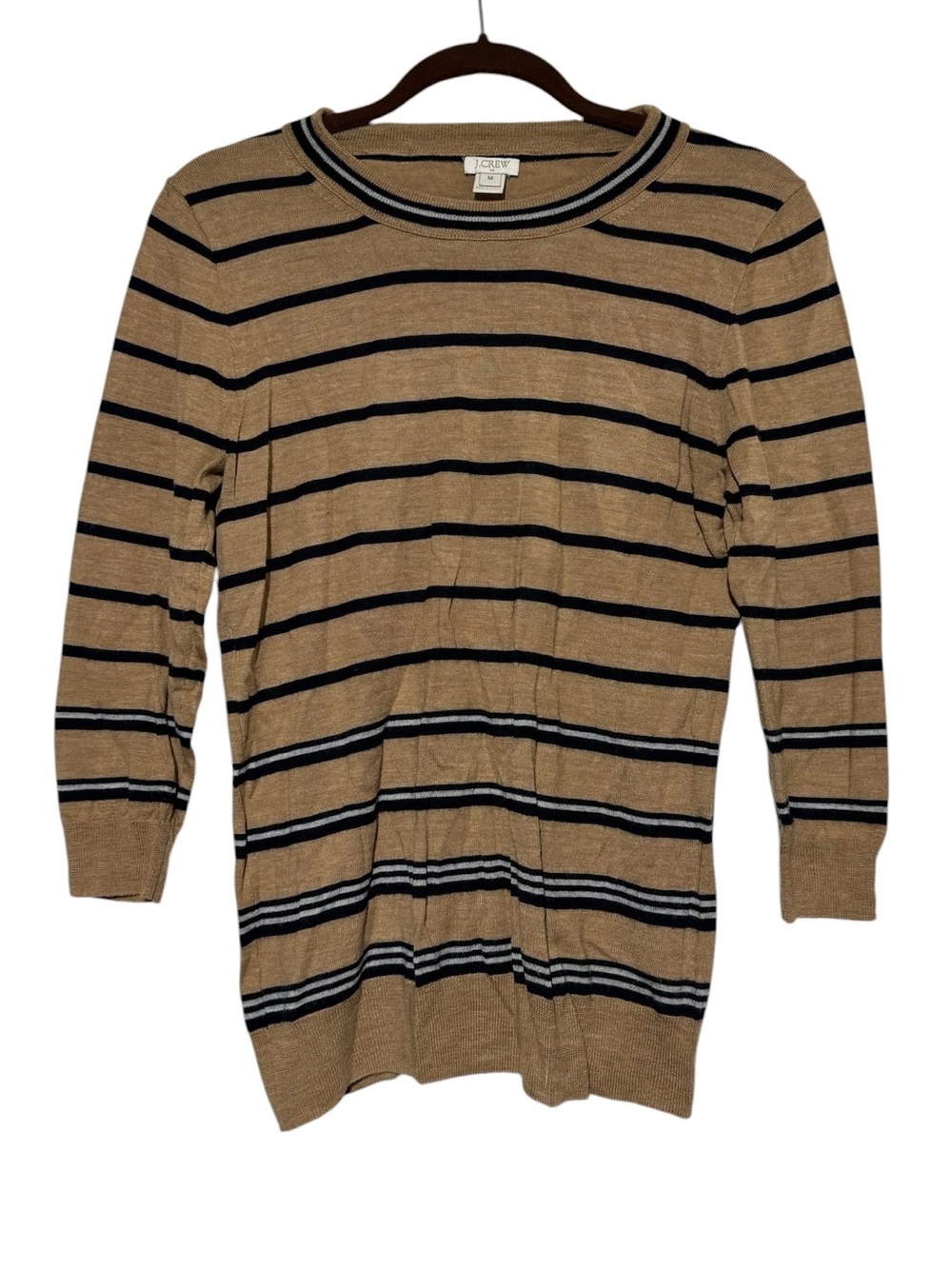 J Crew 100% Wool Sweater Size Medium Striped 3/4 Sleeve Preppy Crew Neck